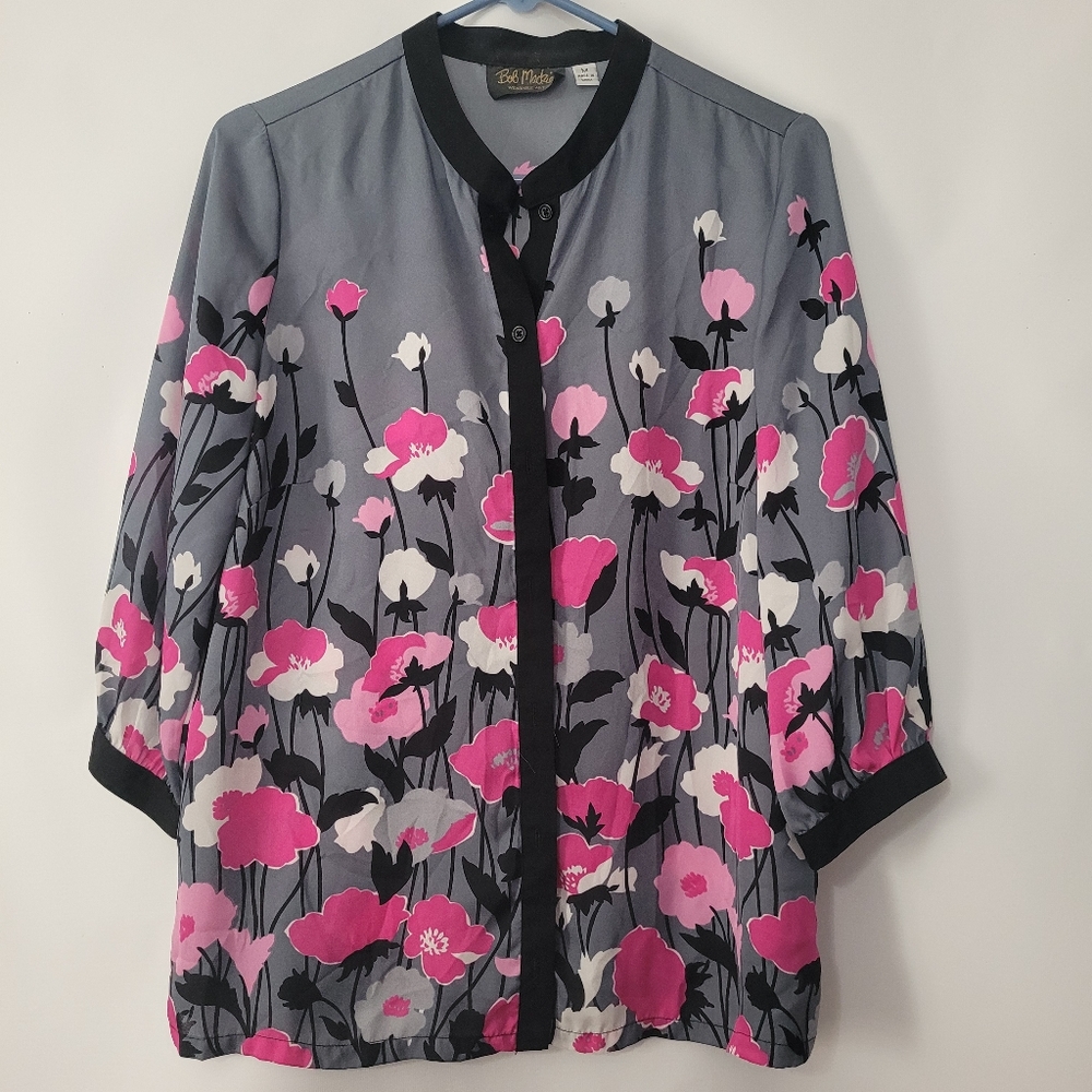 Designer Bob Mackie Wearable Art Open Front Floral Cardigan Kimono Top M